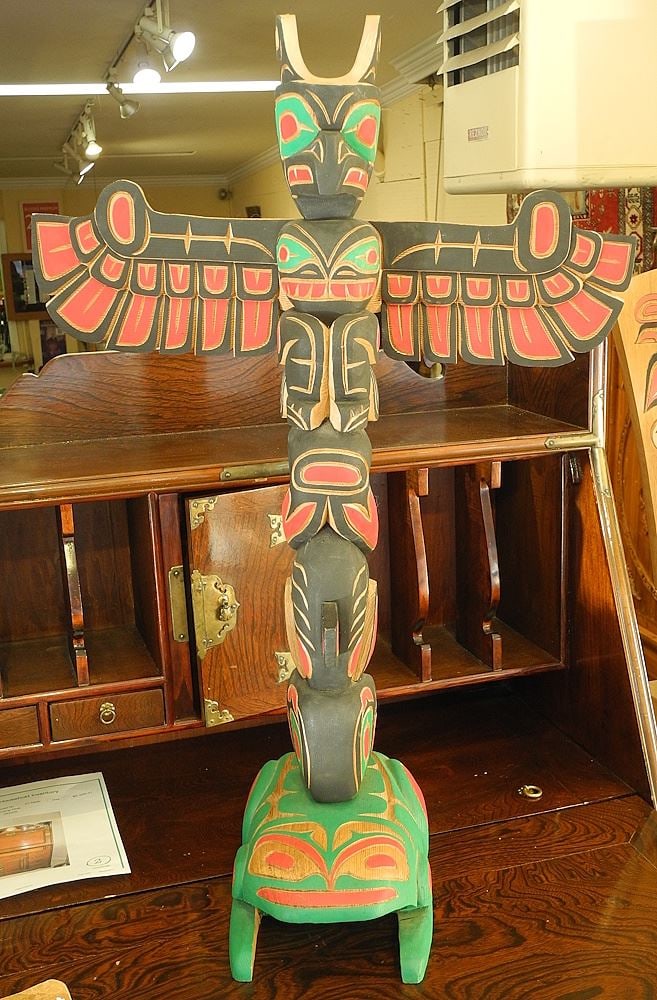 Squamish Totem Pole signed Kurt Antone, 33 1/4"h, "Thunderbird". (1 of 2)