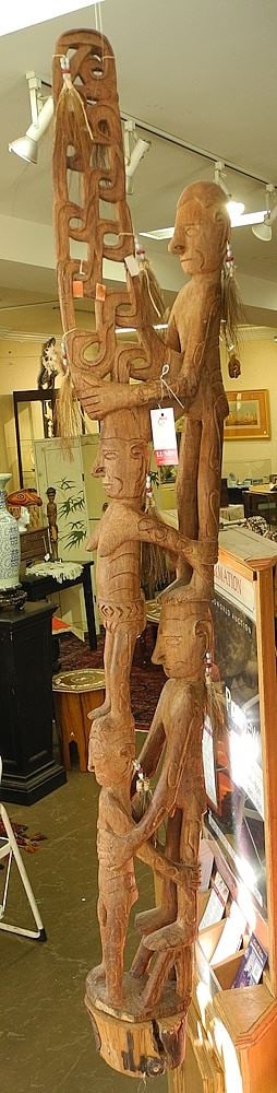 Asmat Papua New Guinea Figural Pole Carving (51"h) Mounted on Base, 3 1/8"h. (1 of 3)