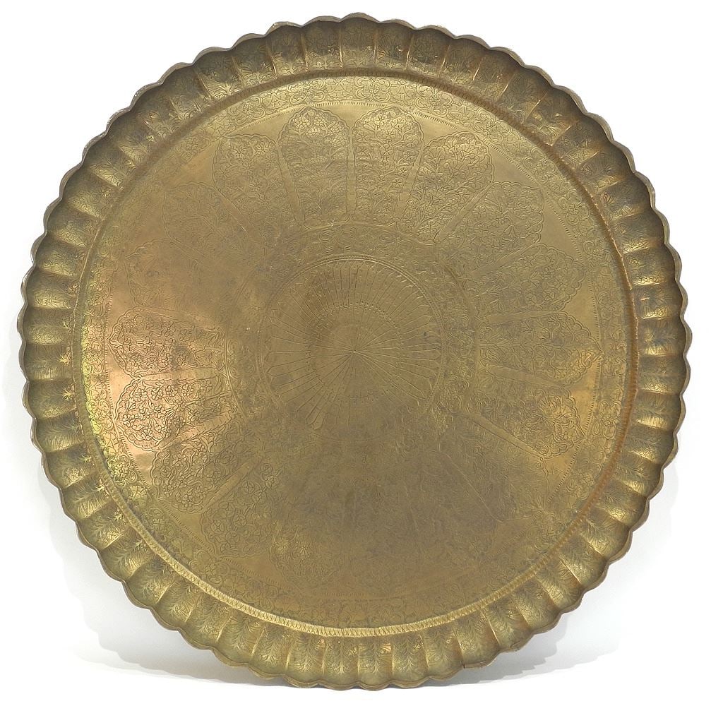 Vintage Moroccan Brass Tray Hand Embossed with Scalloped Edges, 25 1/2" Diameter. (1 of 2)