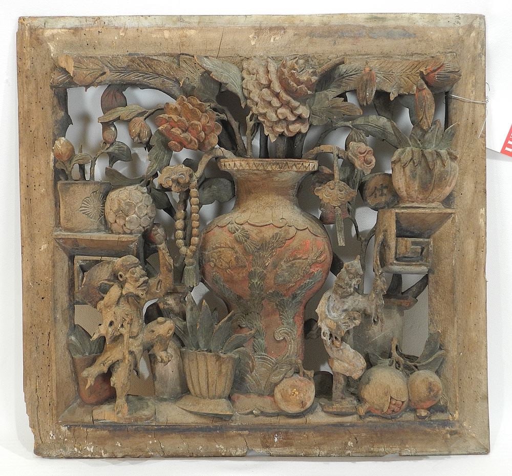Qing Carved Wood Architectural Panel with Traces of Lacquer Gilding. (1 of 5)