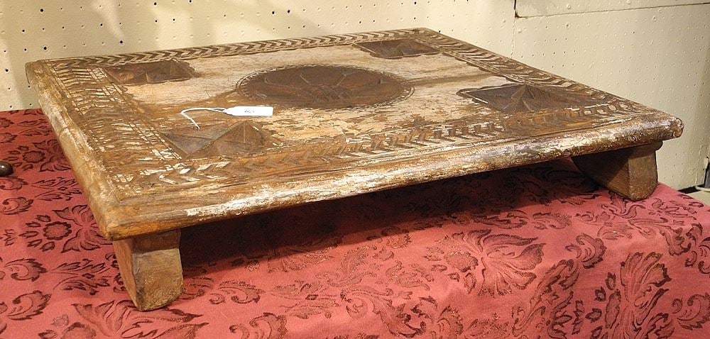 South Asian Hardwood Lotus Motif Puja Table, 3 3/8 x 22 1/2 x 19 1/4": South Asian Hardwood Lotus Motif Puja Table, 3 3/8 x 22 1/2 x 19 1/4"