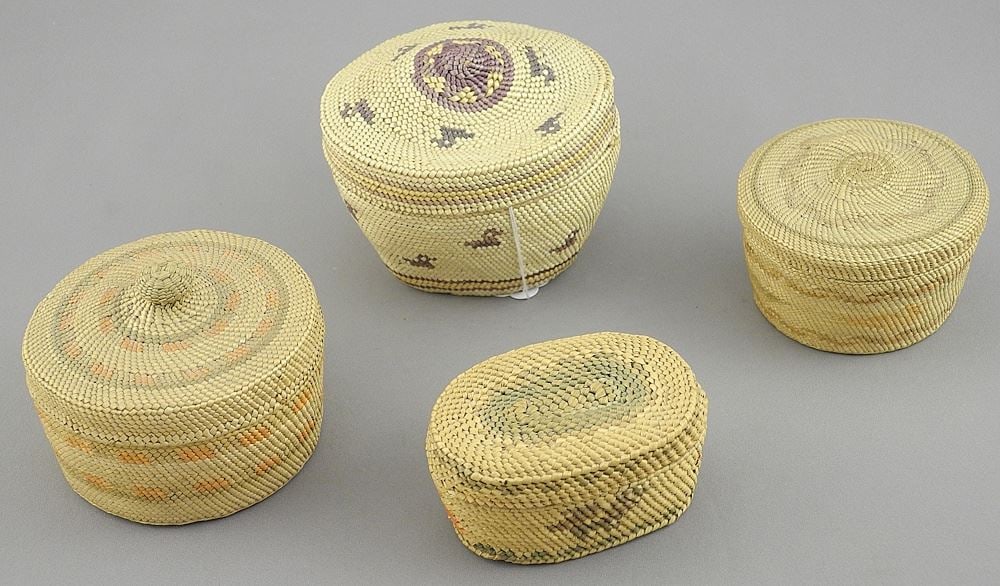 Four Nuu-Chah-Nulth Trinket Baskets (1 5/8 - 2 5/8"h) (one knob top). (1 of 4)