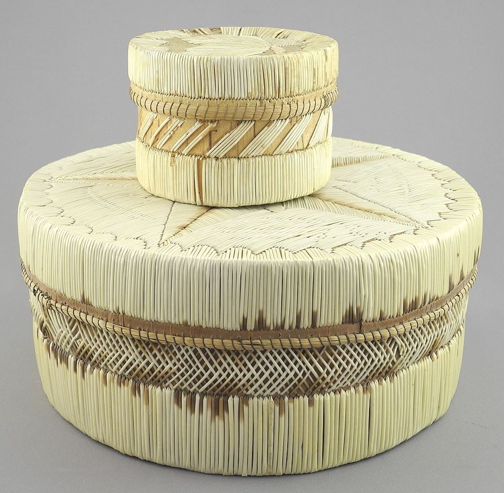 Two Porcupine Quill Baskets, 4 & 9" Diameter. (1 of 3)