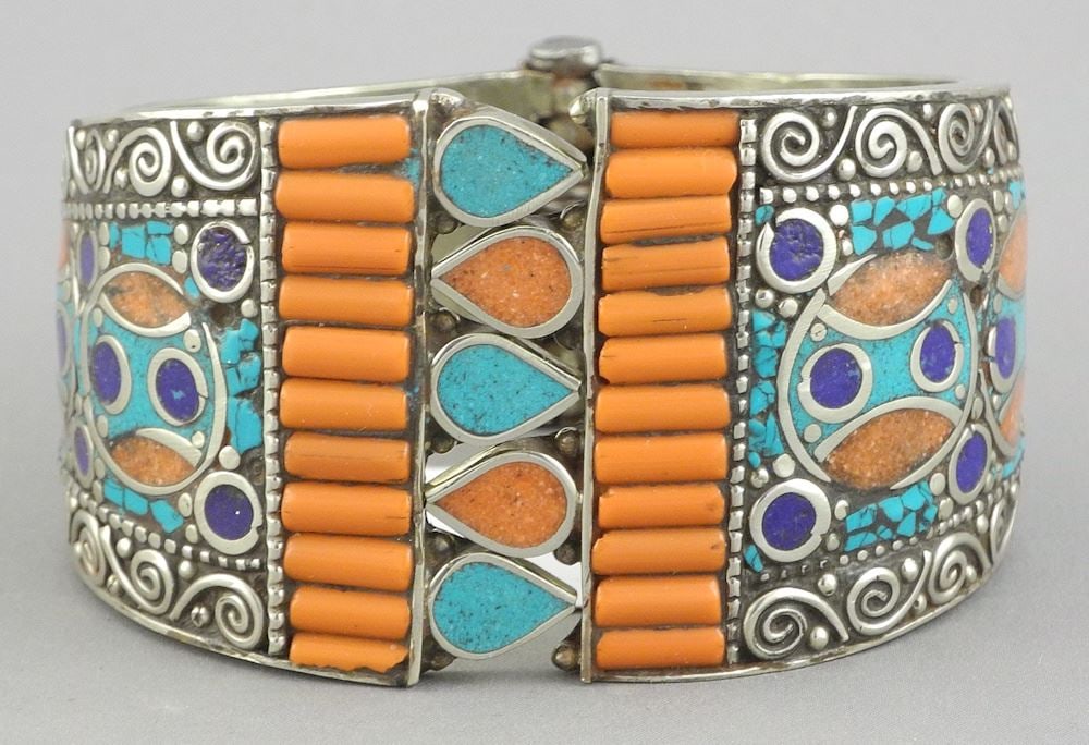 Tibetan Coral & Turquoise Inlaid Hinged Bracelet, 2 7/8"w, 156g.: Tibetan Coral & Turquoise Inlaid Hinged Bracelet, 2 7/8"w, 156g.