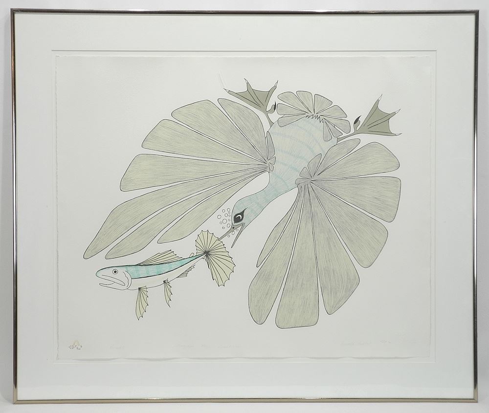 Inuit Lithograph signed Aoudla Pudlat, 21 x 26", "Pursuit" #23/50, 1980. (1 of 4)