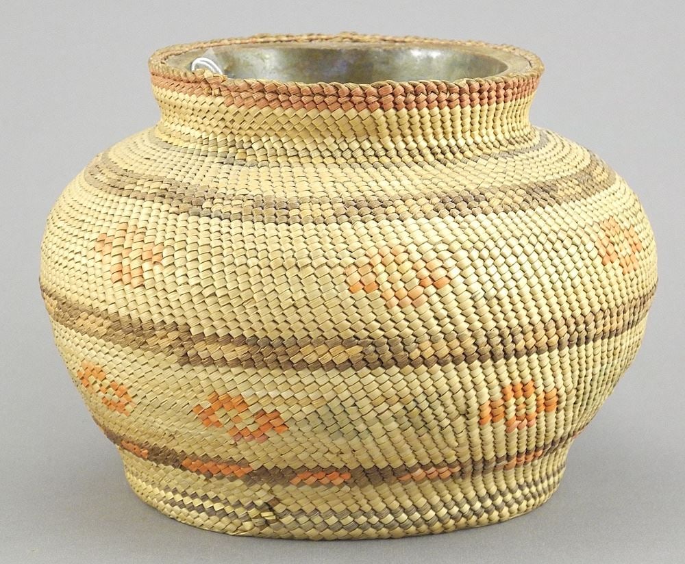 Nuu-Chah-Nulth Basketry Wrapped Chinese Brown Glazed Pottery Jar, 3 3/8"h. (1 of 3)