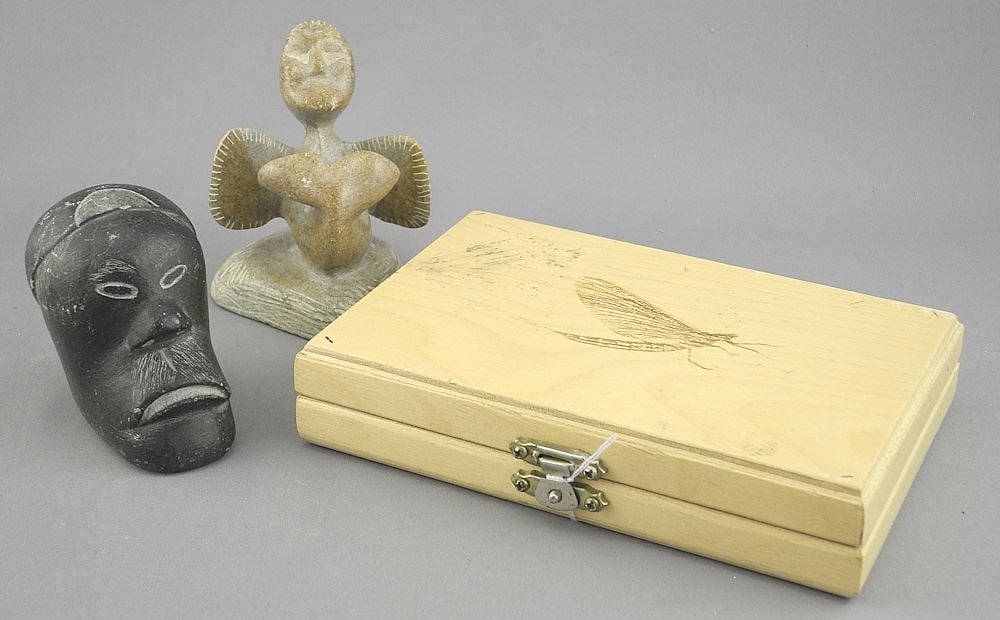 Two Inuit Carvings: Head/Jimmy E9- 1666/ 2 3/8"h & Sedna Elias Semigak/ 3 3/8"h.: Two Inuit Carvings: Head/Jimmy E9- 1666/ 2 3/8"h & Sedna Elias Semigak/ 3 3/8"h.