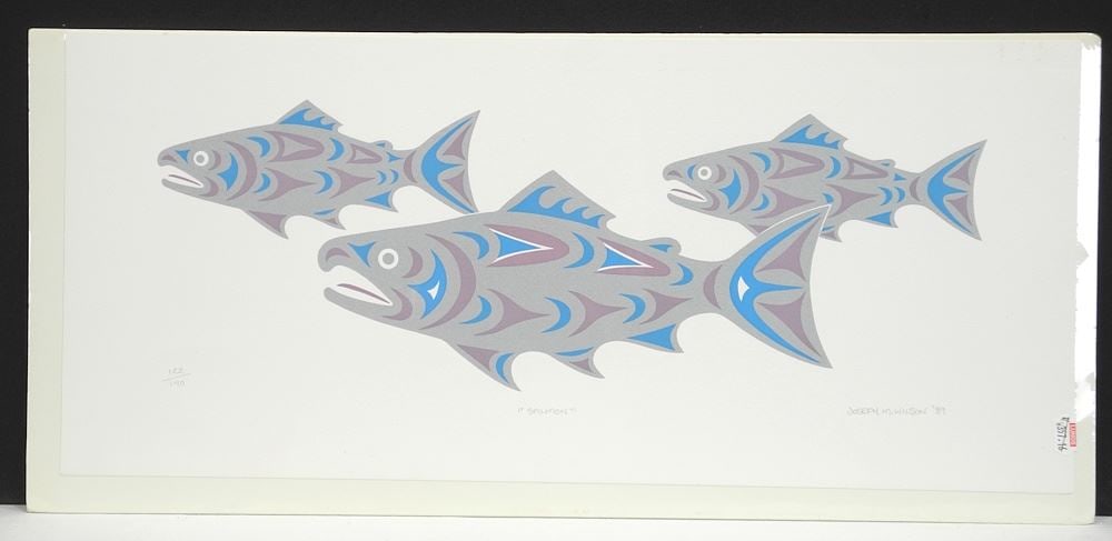 Coast Salish Serigraph signed Joseph M.Wilson, 9 5/8 x 21 5/8", "Salmon" #122/140, Unframed. (1 of 2)