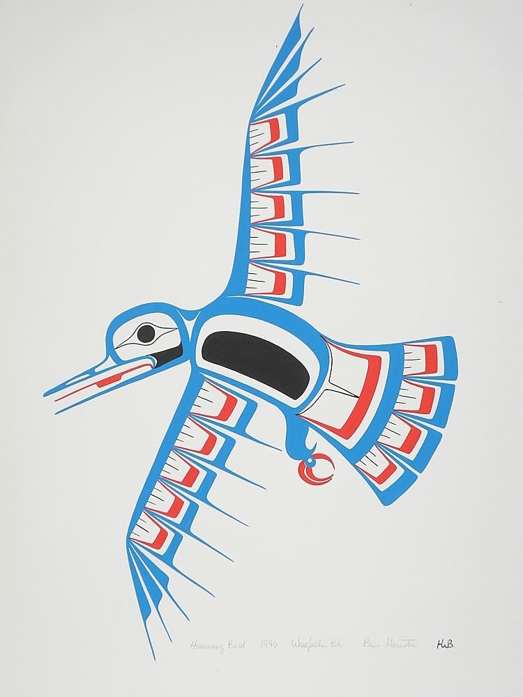 Heiltsuk Serigraph signed Ben Houstie, 20 x 16 1/4", "Hummingbird" 1990.: Heiltsuk Serigraph signed Ben Houstie, 20 x 16 1/4", "Hummingbird" 1990.