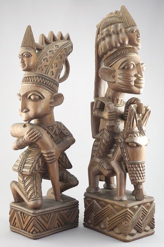 Pair of Vintage Yoruba Carved Wood Figures signed Akin Fakeye, 19 3/4 & 18 1/4"h. (1 of 4)