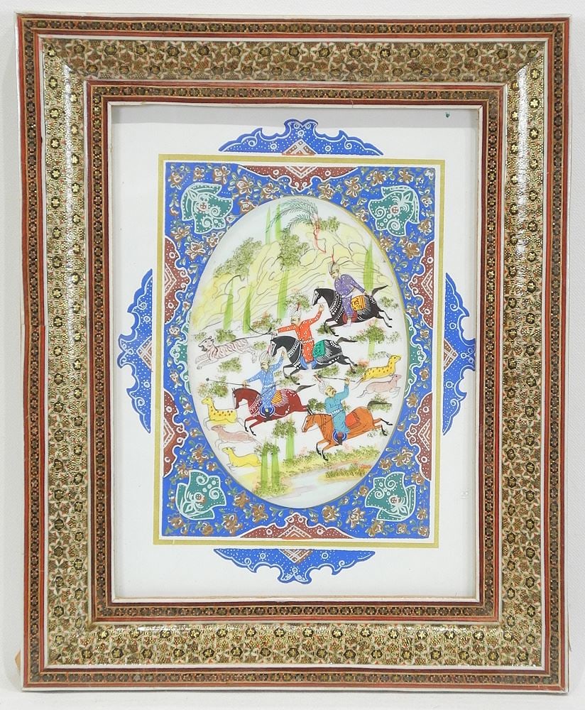 Persian Hunt Scene in Khatam Frame, 12 3/8 x 10 1/8".: Persian Hunt Scene in Khatam Frame, 12 3/8 x 10 1/8".