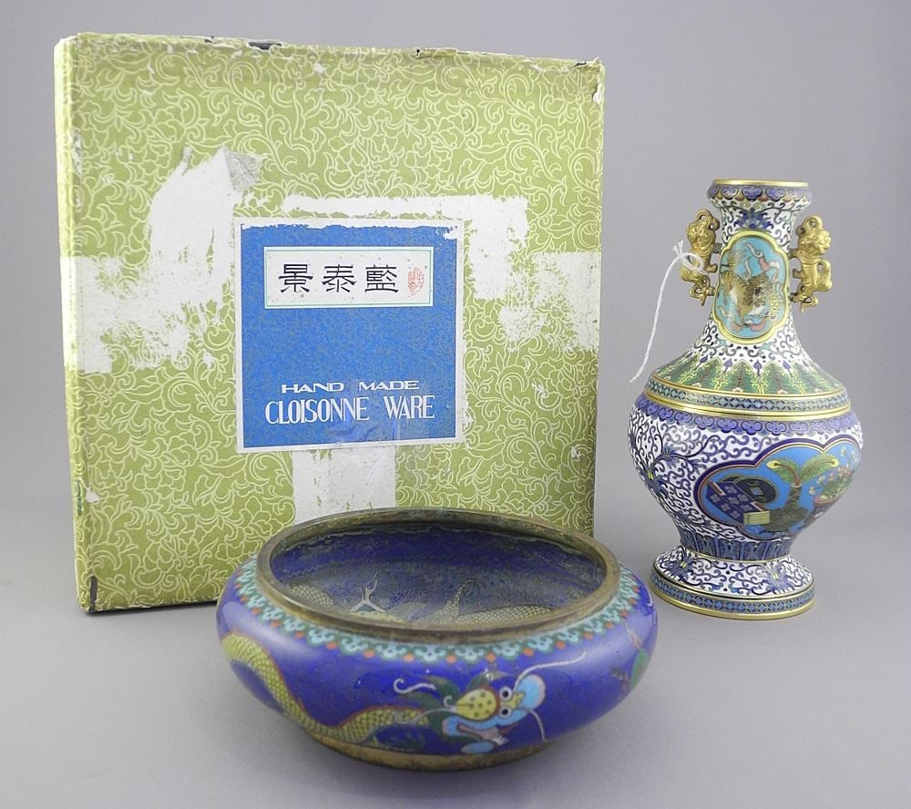 Chinese Sectional Cloisonne Vase (7 5/8"h) with Box, Including Worn Dish.: Chinese Sectional Cloisonne Vase (7 5/8"h) with Box, Including Worn Dish.