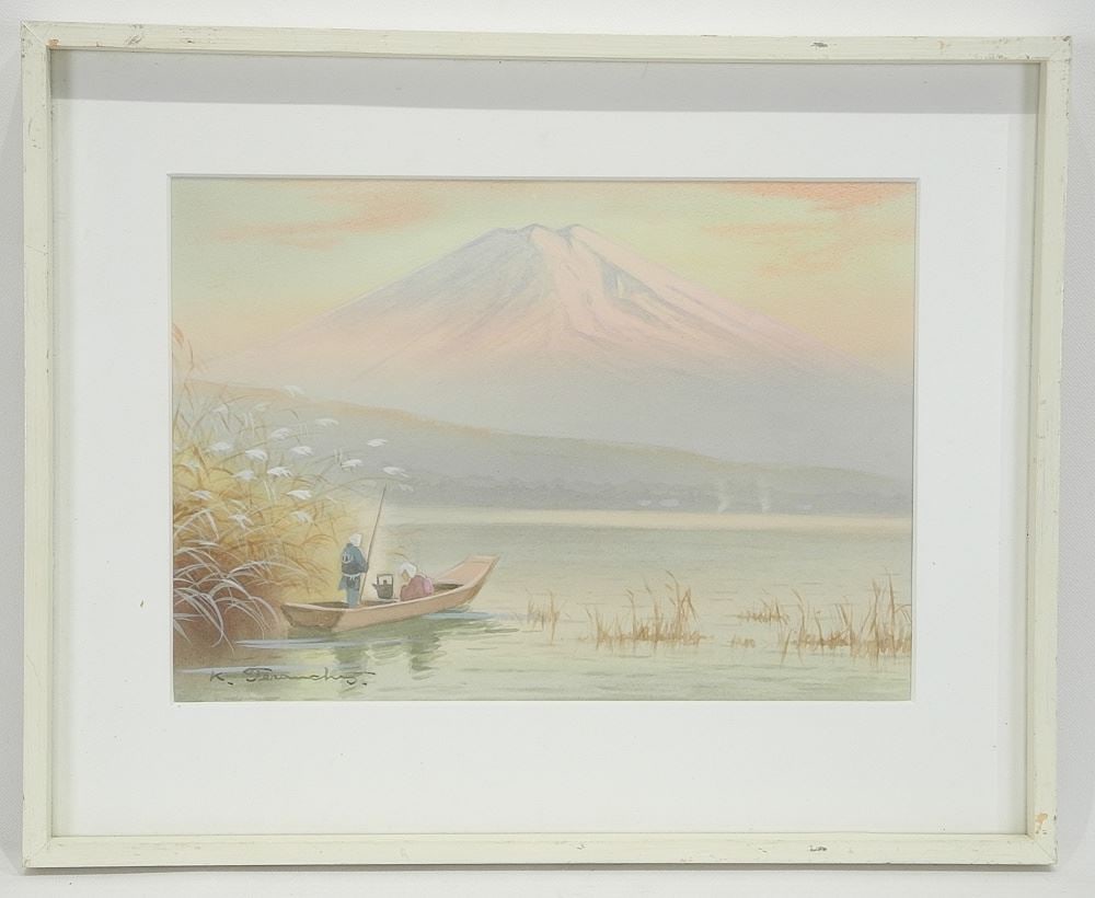 Japanese Impressionist Watercolour signed K.***, 7 3/4 x 10 3/4", "Boaters & Mt.Fuji". (1 of 3)
