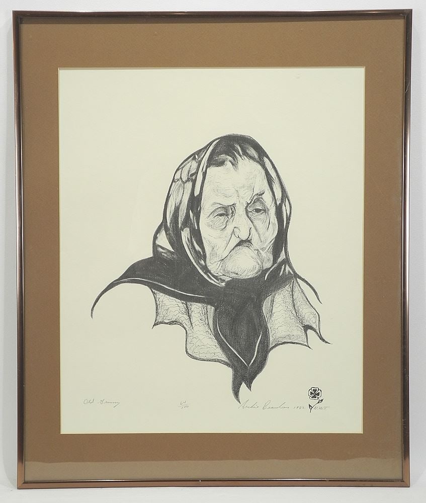 Serigraph signed Archie Beaulieu, 18 x 14 5/8", "Old Granny" #64/100.: Serigraph signed Archie Beaulieu, 18 x 14 5/8", "Old Granny" #64/100.