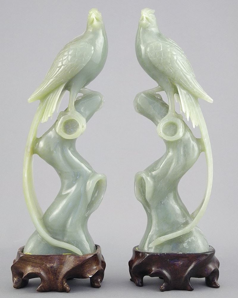 Pair of Chinese Xiuyan Serpentine Birds, 8"h (chips noted).: Pair of Chinese Xiuyan Serpentine Birds, 8"h (chips noted).