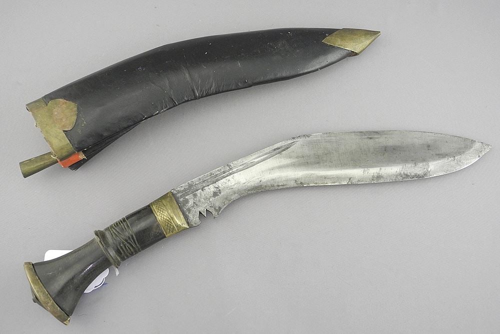 Gurkha Knife, 15 1/2"L (one secondary blade missing).: Gurkha Knife, 15 1/2"L (one secondary blade missing).