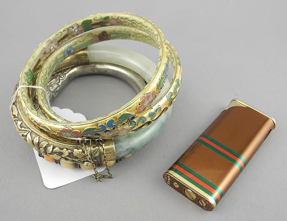 Collection of Chinese Bangles & Hinged Bracelets with Lighter, 2 3/4 " Diameter.: Collection of Chinese Bangles & Hinged Bracelets with Lighter, 2 3/4 " Diameter.