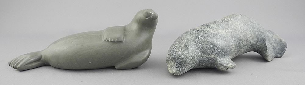 Two Inuit Sculptures, Beluga by Saumik (6 7/8"L) & Seal by Lucy N., 7"L. (1 of 3)