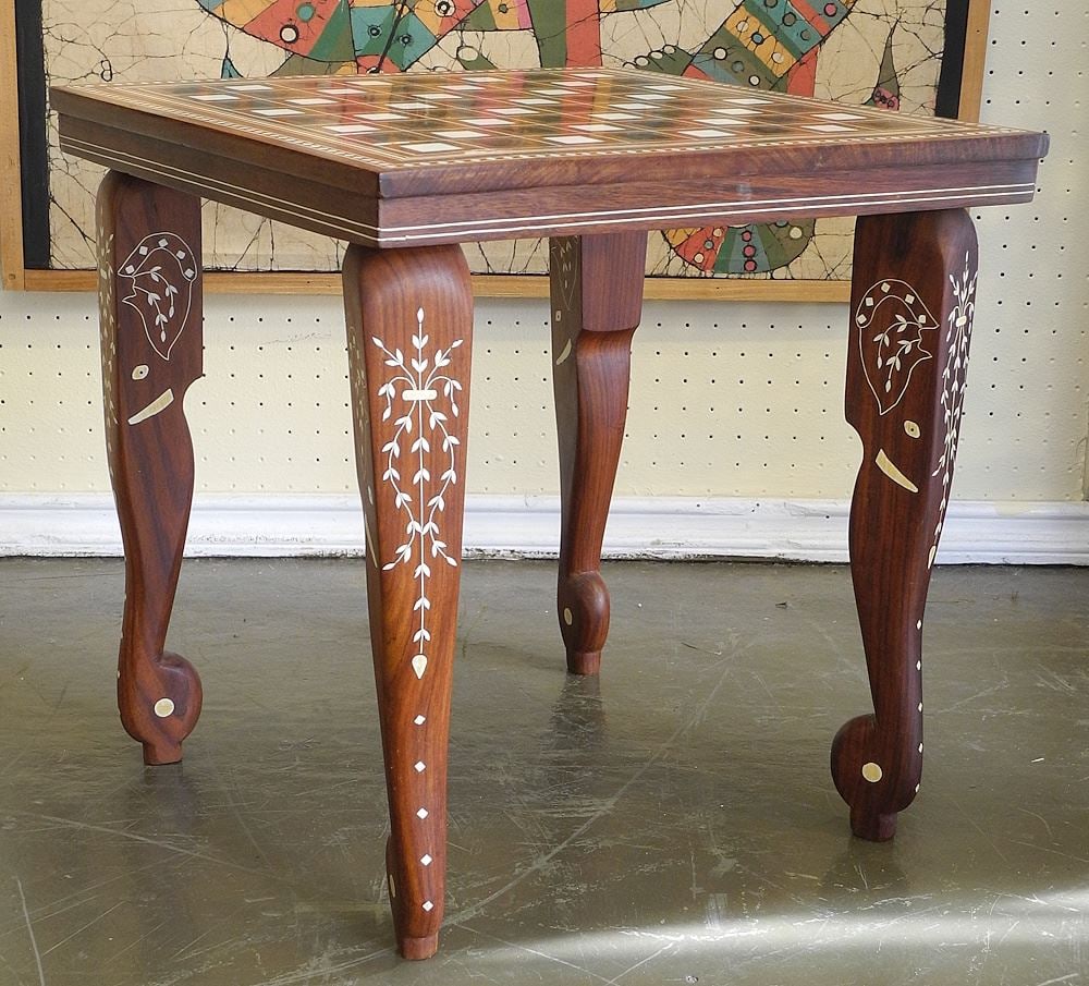 "Sisoo Wood Inlaid Art" Chess Table, 18"h. (1 of 2)
