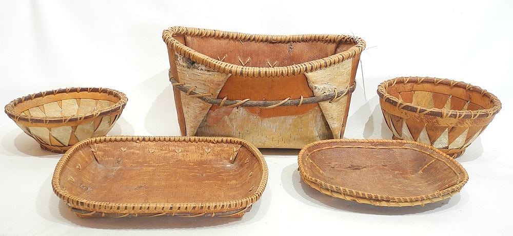 Collection of Birch Bark Basketry, 8 1/2 - 14"w.: Collection of Birch Bark Basketry, 8 1/2 - 14"w.