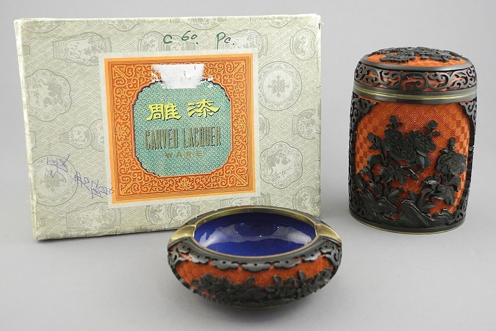 Chinese Carved Cinnabar Cigarette Box (5"h) & Ashtray with Box. (1 of 4)