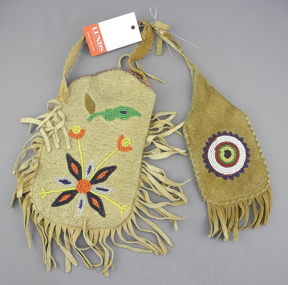 Two Old First Nations Beaded Tanned Hide Pouches, 7 & 8"h.: Two Old First Nations Beaded Tanned Hide Pouches, 7 & 8"h.