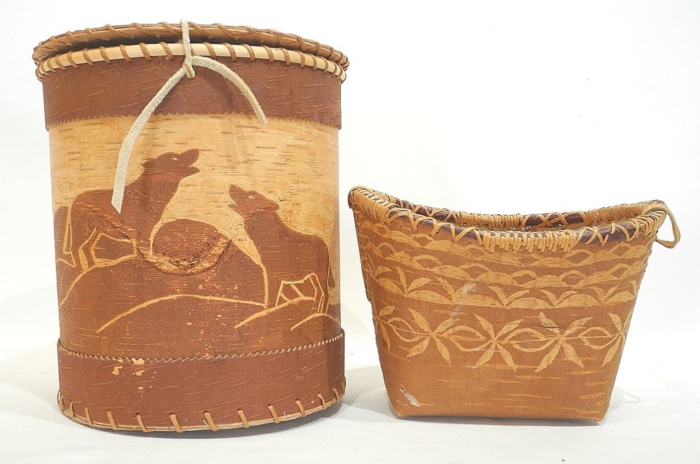 Round Birch Bark Container "Wolf" Design by Celine Edda (10"h) with Oval Basket. (1 of 4)