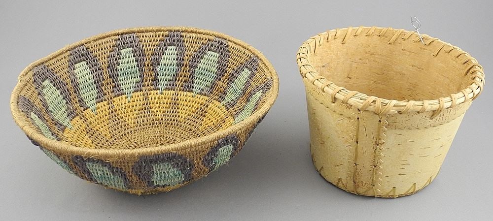 Small Round Birch Bark Container with Quills by Dora Klondike, NWT (4"h) w/ Woven Bowl. (1 of 3)