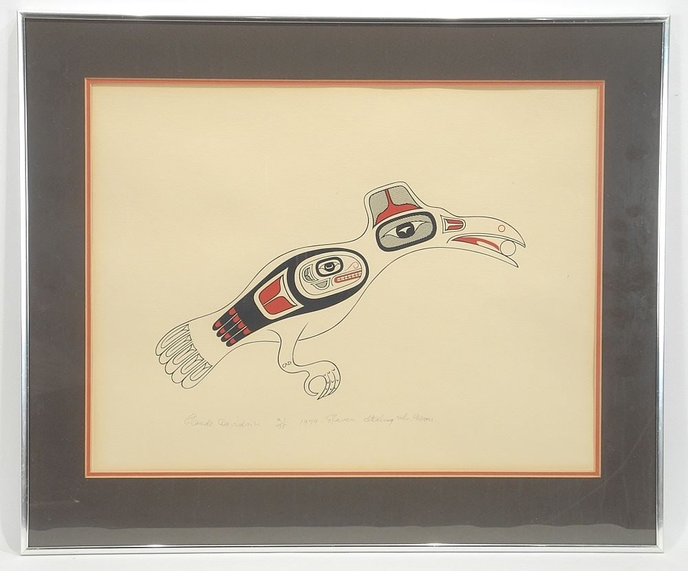 Haida Serigraph signed Claude Davidson, 14 1/2 x 18 7/8", "Raven Stealing the Moon" #21/75. (1 of 4)
