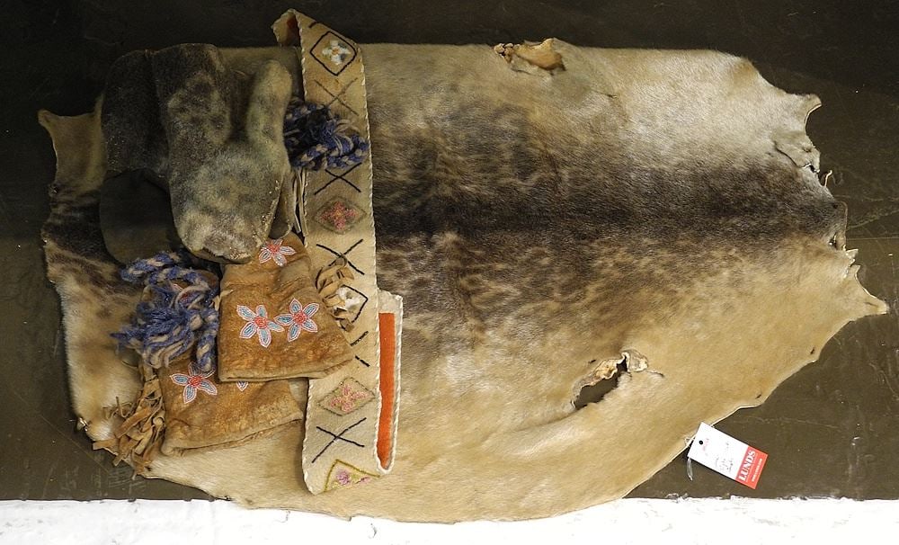 Inuit Prepared Seal Skin, 35 1/2 x 28 1/2" (NO EXPORT) with 2 Pair of Mitts & Sash, 38"L.: Inuit Prepared Seal Skin, 35 1/2 x 28 1/2" (NO EXPORT) with 2 Pair of Mitts & Sash, 38"L.