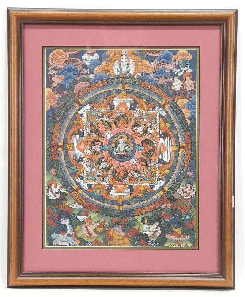 Tibetan Thangka, 11 1/2 x 9", "Deity Mandala".: Tibetan Thangka, 11 1/2 x 9", "Deity Mandala".