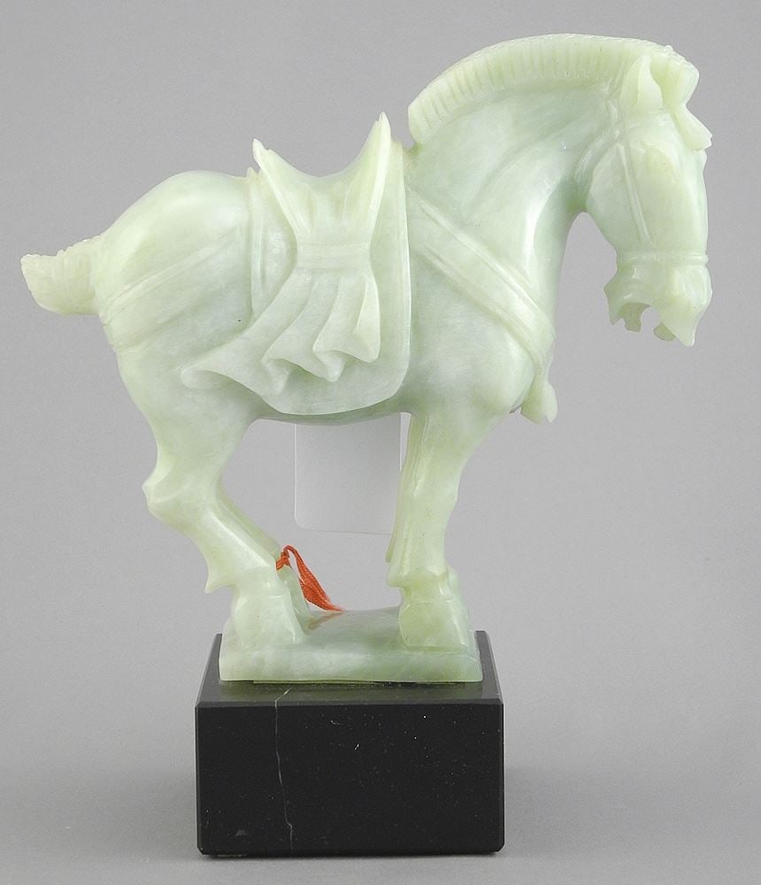 Carved Pale Green Xiu Jade Tang Style Horse on Granite Base with Box , 8 1/8"h.: Carved Pale Green Xiu Jade Tang Style Horse on Granite Base with Box , 8 1/8"h.