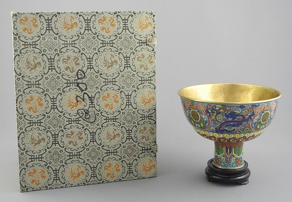 Chinese Cloisonne Pedestal Cup w/ Qianlong Mark & 200-008, 4"L with Box & Stand. (1 of 5)