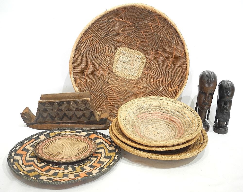 Collection of African Basketry/ Hardwood Head Rest (restored) & Busts, Largest 17" Diam.: Collection of African Basketry/ Hardwood Head Rest (restored) & Busts, Largest 17" Diam.