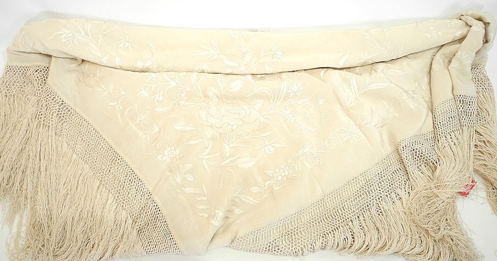 Chinese Silk Piano Shawl Approximately 66 x 66".: Chinese Silk Piano Shawl Approximately 66 x 66".