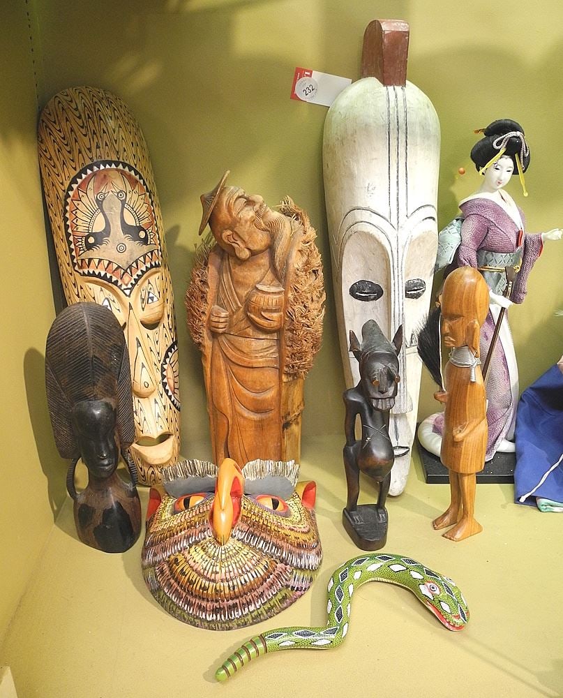 Collection of Figural Wood Carving with Masks/Japanese Doll/Snake, 1 1/4 - 22"h.: Collection of Figural Wood Carving with Masks/Japanese Doll/Snake, 1 1/4 - 22"h.