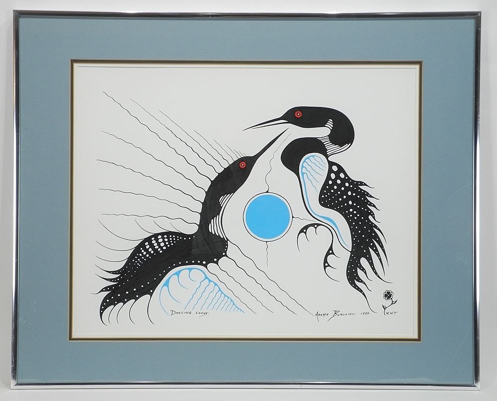 Mixed Media on Paper signed Archie Beaulieu, NWT, 15 x 19", "Dancing Loons", 1983.: Mixed Media on Paper signed Archie Beaulieu, NWT, 15 x 19", "Dancing Loons", 1983.