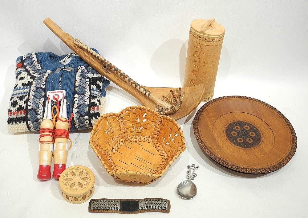 Collection of Nordic/Russian/ Sami Birch Wood & Metal Wares.: Collection of Nordic/Russian/ Sami Birch Wood & Metal Wares.