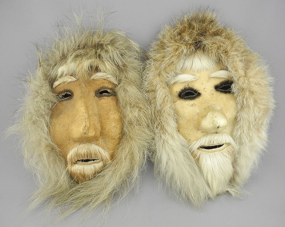 Two Inuit Hide & Fur Masks, 9"h, NO EXPORT. (1 of 2)