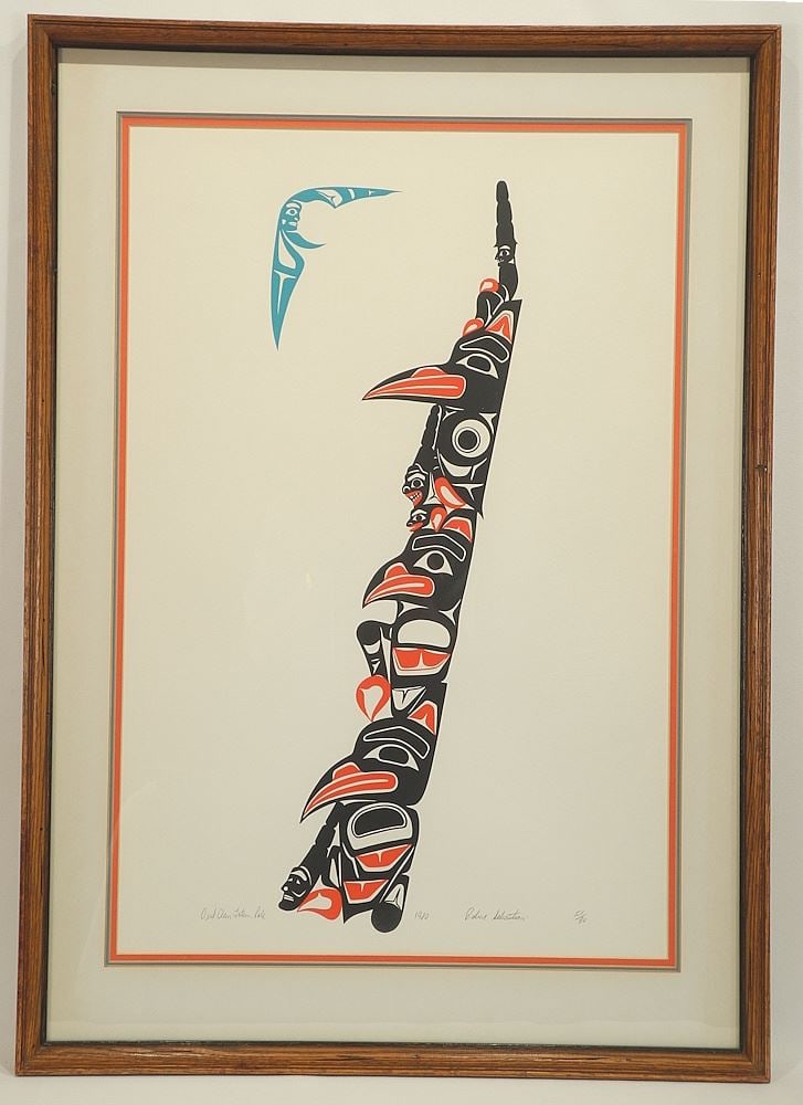 Serigraph signed Robert Sebastian, 26 3/8 x 17 5/8", "Owl Clan Totem Pole", #51/90. (1 of 3)