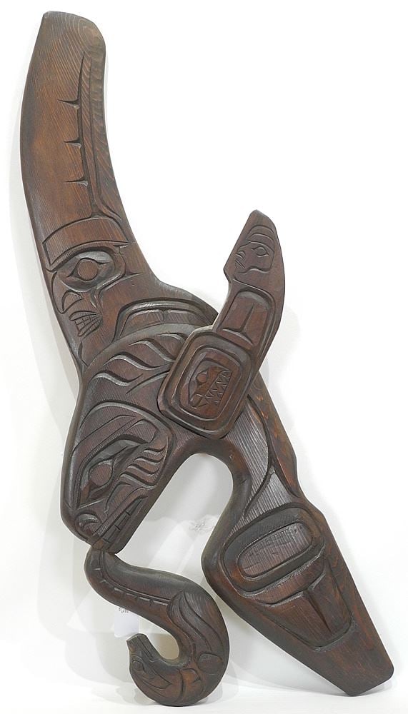 Kwagiulth Panel Carving signed John Neel, 35 3/4"h, "Kwagiulth Whale w/ Otter in Mouth".: Kwagiulth Panel Carving signed John Neel, 35 3/4"h, "Kwagiulth Whale w/ Otter in Mouth".