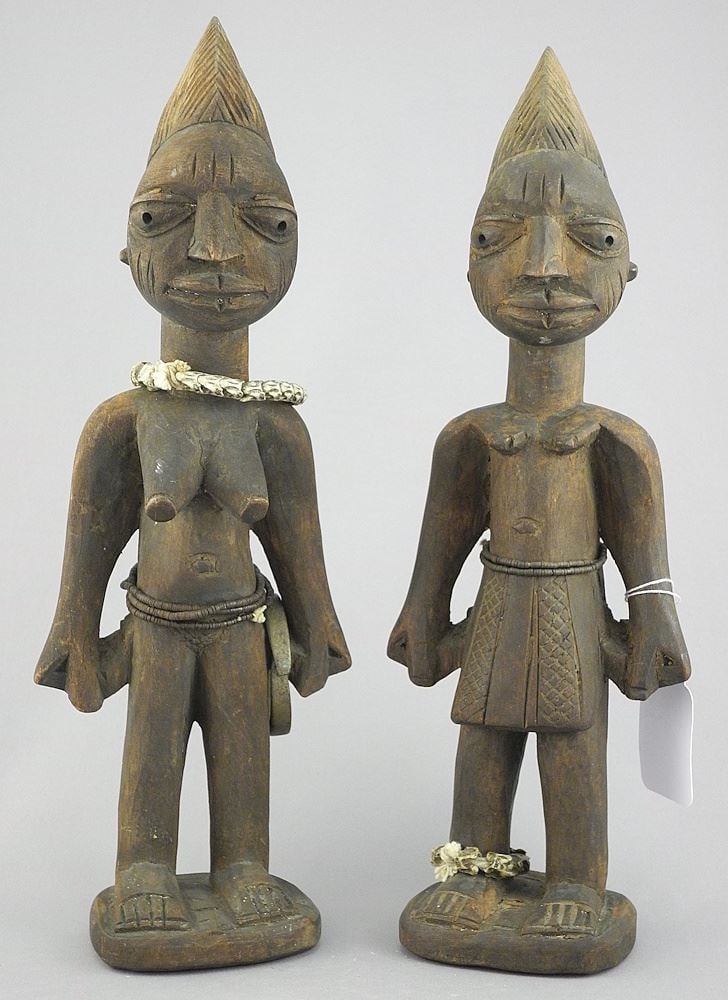 Pair of Vintage Nigerian Yoruba Ibeji Figures, 11"h.: Pair of Vintage Nigerian Yoruba Ibeji Figures, 11"h.