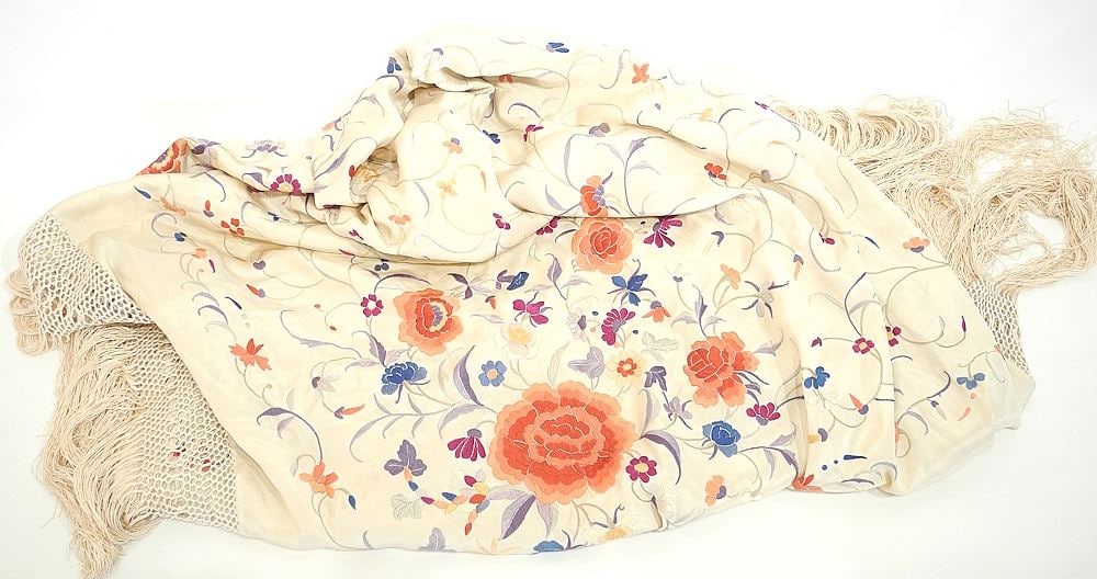 Chinese Silk Piano Shawl Approximately 52 x 52".: Chinese Silk Piano Shawl Approximately 52 x 52".