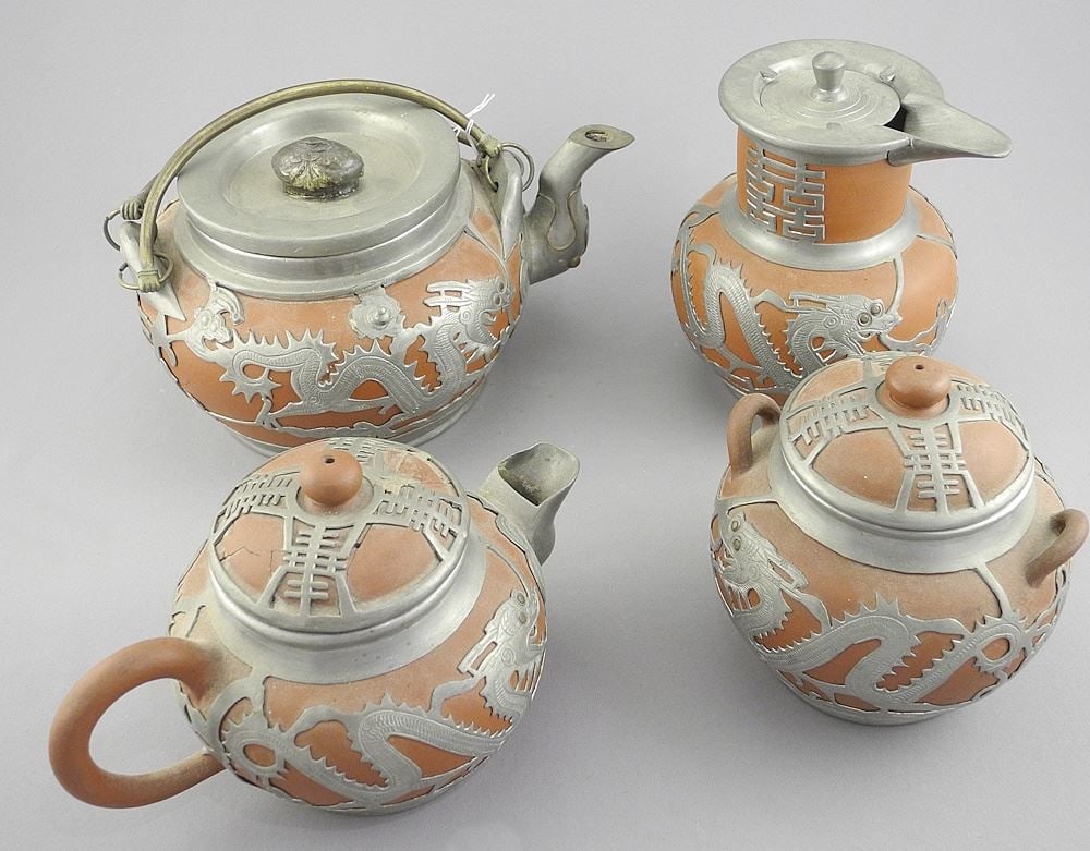 Chinese Pewter Wrapped Yixing Ware Tea Set. (1 of 5)