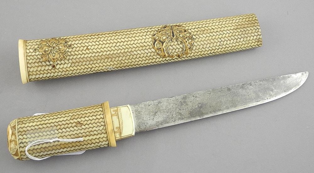 Japanese Carved Bone Sleeve Dagger, 9 1/2"L.: Japanese Carved Bone Sleeve Dagger, 9 1/2"L.