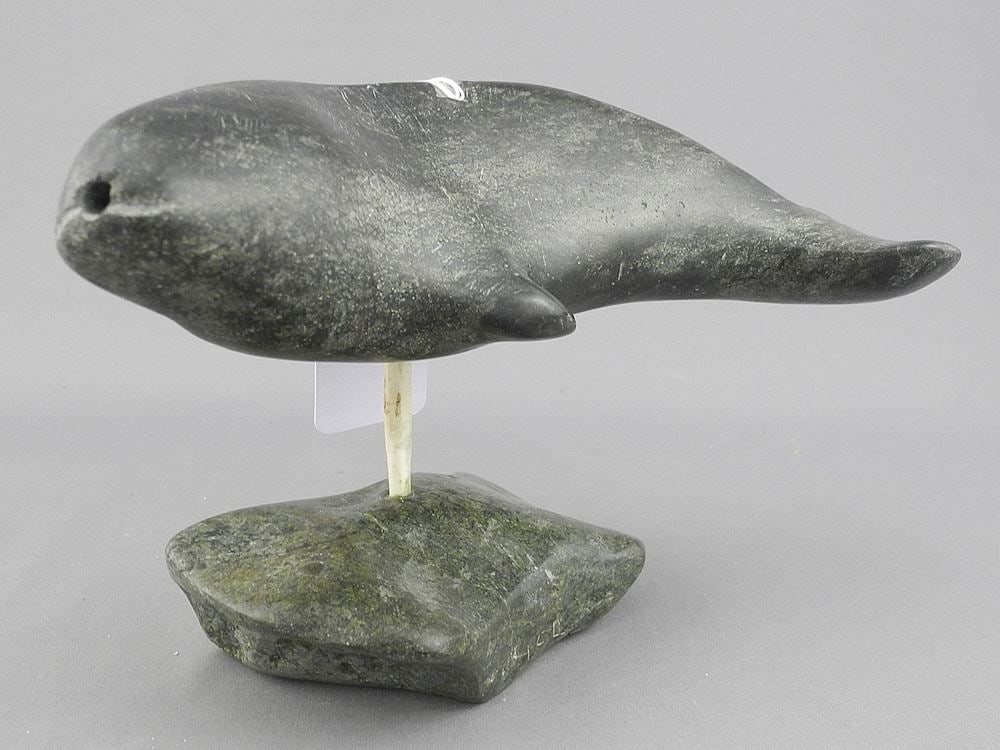 Inuit Narwhal Sculpture signed with Syllabics, 7 7/8"L (lacking tusk).: Inuit Narwhal Sculpture signed with Syllabics, 7 7/8"L (lacking tusk).