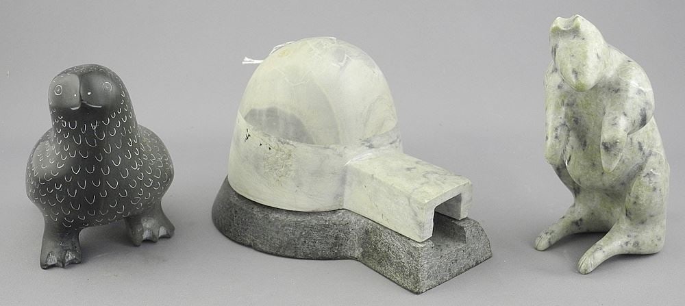 Two Inuit Stone Carvings: Ptarmigan signed with Syllabics/Igloo Diorama/ & Kangaroo. (1 of 5)