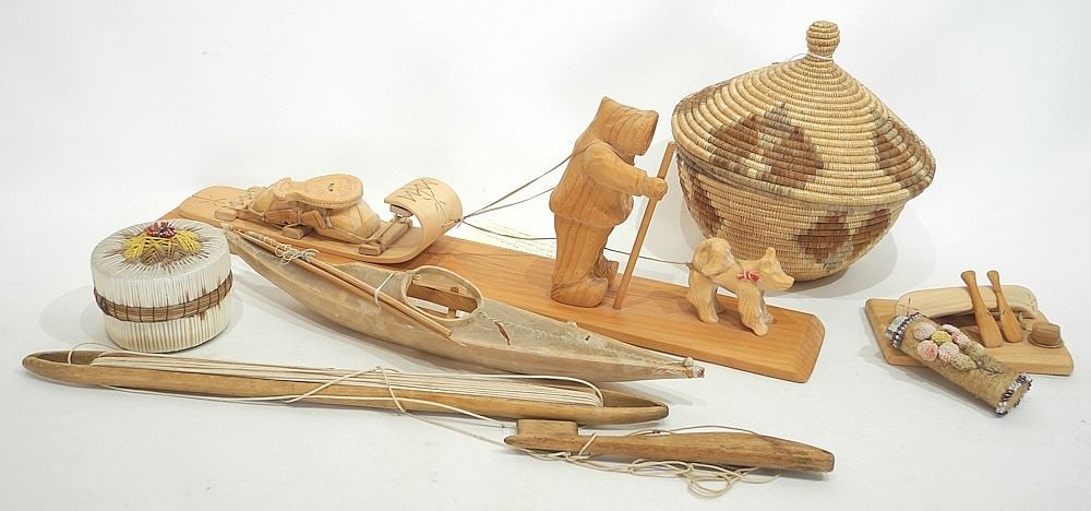 Collection of Eastern & Inuit Items: Models signed Lois Montague/Kayak/ Quill/Net Mender etc.: Collection of Eastern & Inuit Items: Models signed Lois Montague/Kayak/ Quill/Net Mender etc.