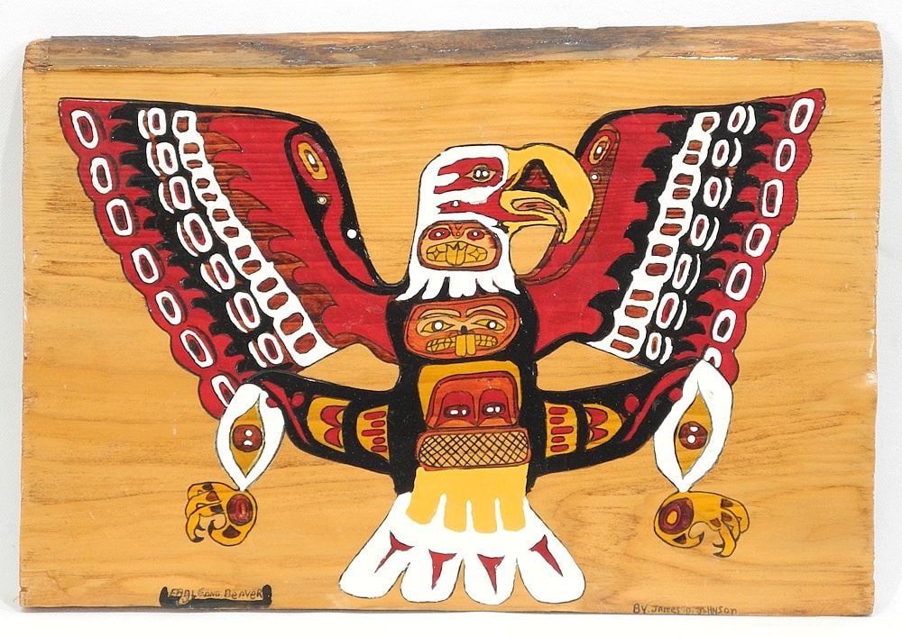Northwest Coast Carved & Painted Plaque signed James D. Johnson, 10 3/8 x 14 3/4", "Eagle.. (1 of 2)