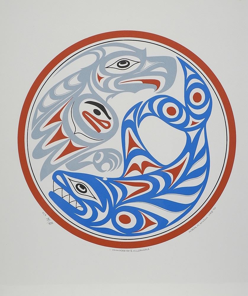 Coast Salish Serigraph signed Joseph M.Wilson, 17 x 14 3/4", "Thunderbird & Killer Whale" A/P 9/13,: Coast Salish Serigraph signed Joseph M.Wilson, 17 x 14 3/4", "Thunderbird & Killer Whale" A/P 9/13,
